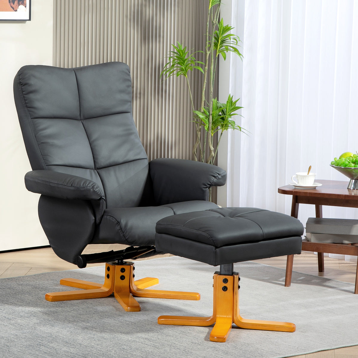 Relaxfauteuil met hocker, 145° verstelbare rugleuning, 360° draaibaar, kunstleer, donkergrijs (2)