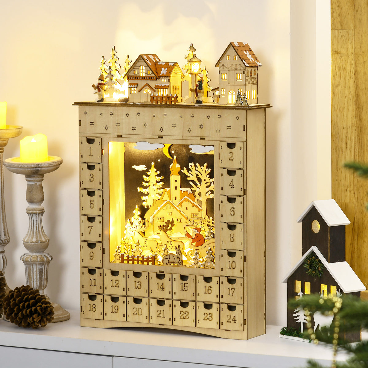 Adventskalender om zelf te vullen, 24 lades, vakjes, kerstkalender met ledverlichting, naturel hout, 36 x 9 x 52 (2)