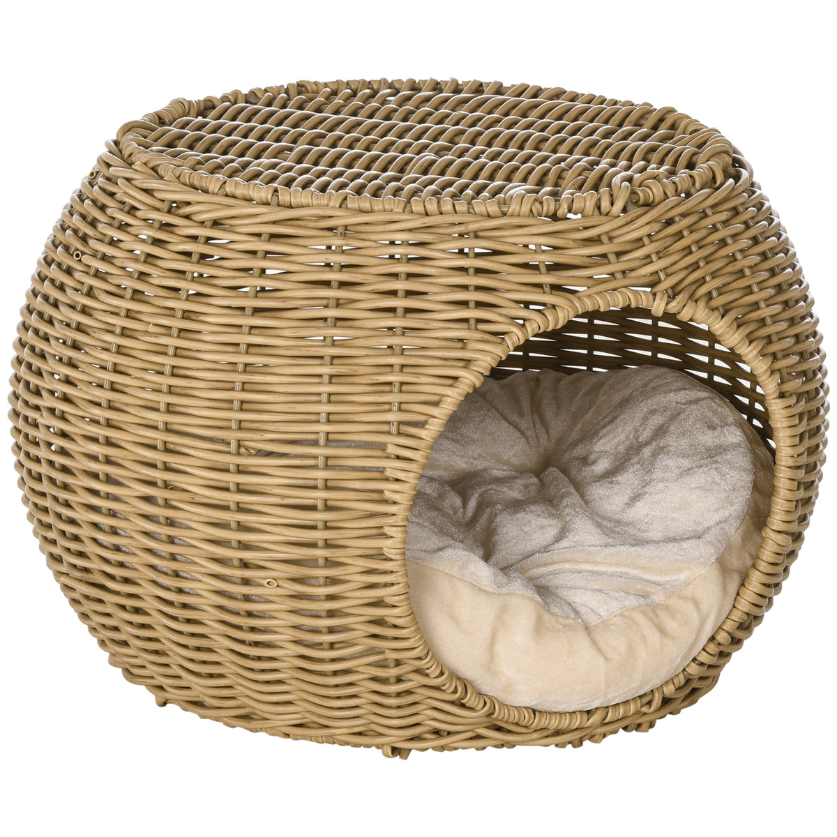 Rieten kattenmand met twee verdiepingen, kattenbed met kussen en voordeur, voor katten onder 3,5 kg, Ø40 x 30 cm