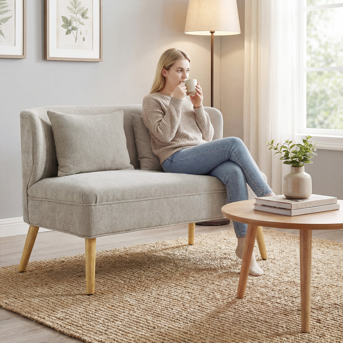 2-zitsbank, kleine chenille bank met vleugelrug, dikke zitting, poten van rubberwood, beige (2)