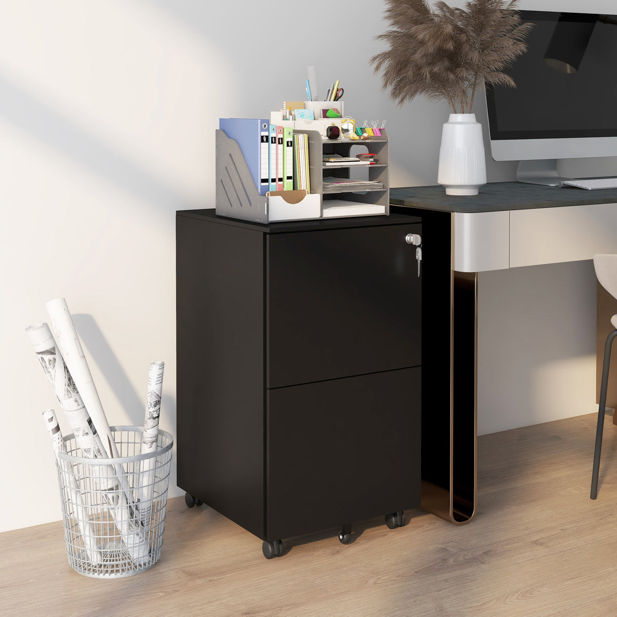 Rolcontainer archiefkast, 2 laden, afsluitbaar, verrijdbaar, 37 cm x 43,5 cm x 67,5 cm, zwart (2)