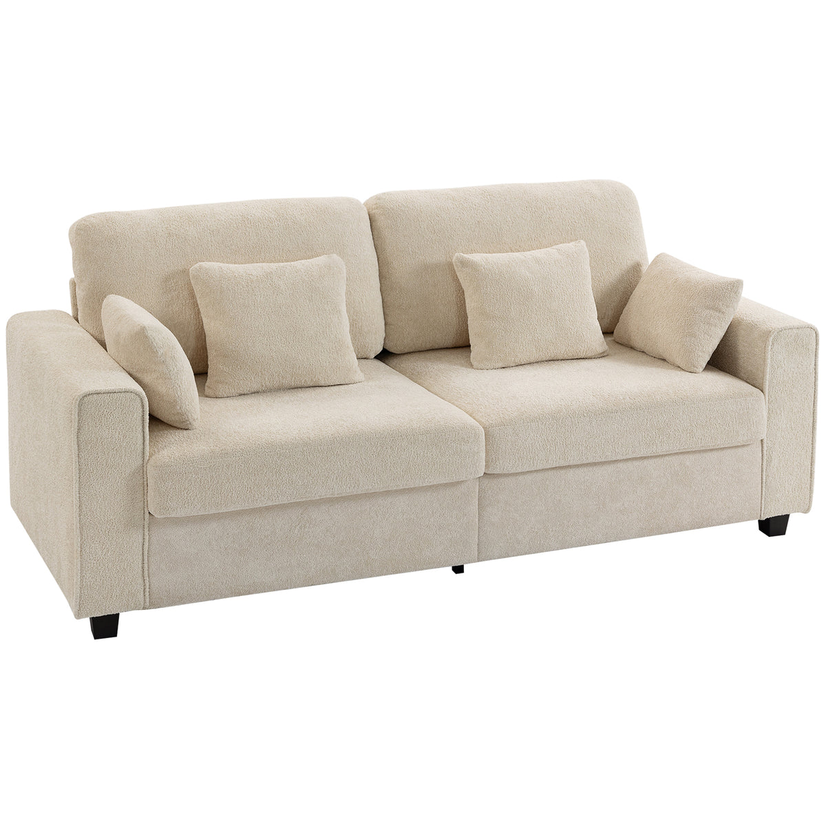 Beige 3-zitsbank met Raindrop-fluwelen bekleding, diepe zitting, verenkussens, brede armleuningen en 4 kussens