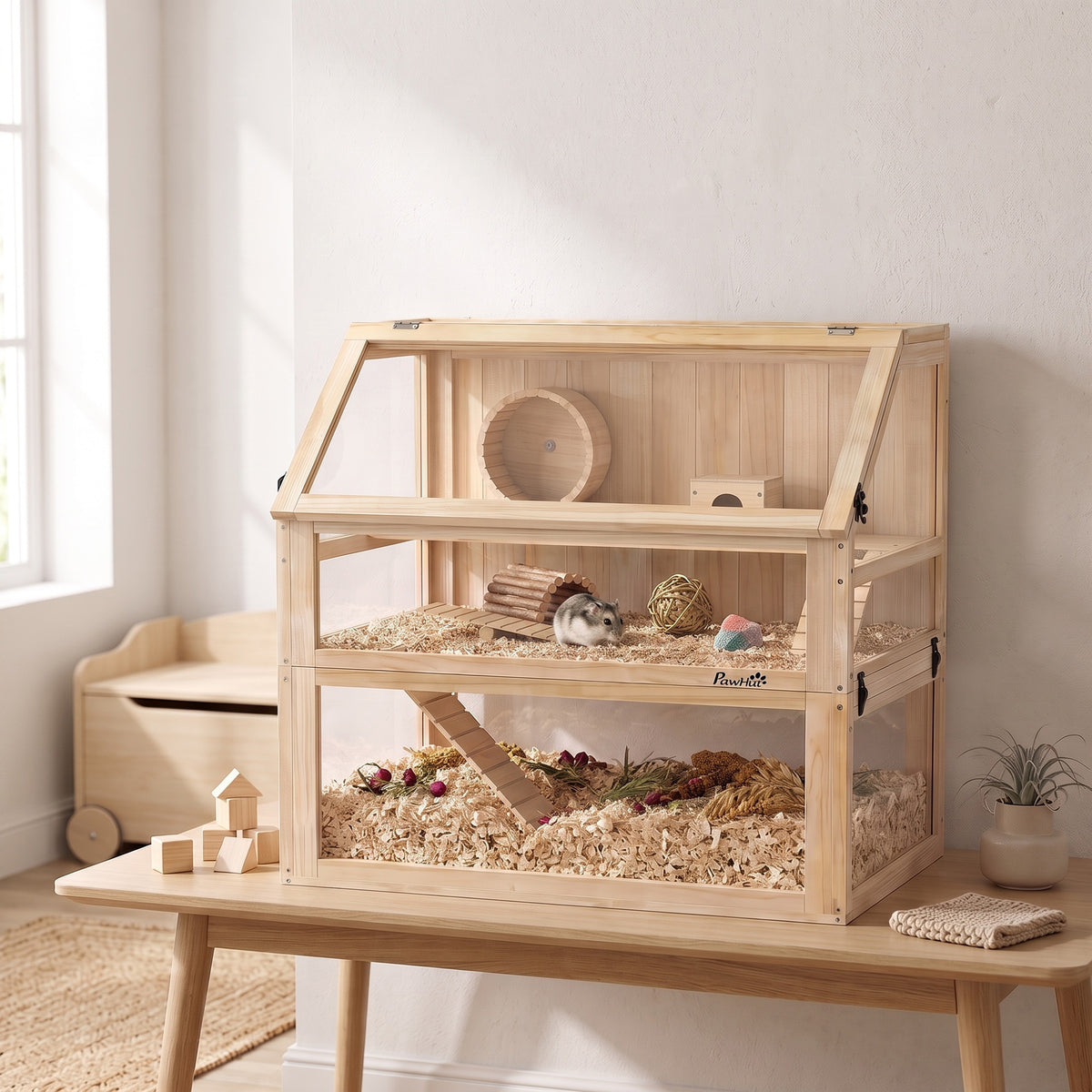 Hamsterkooi van hout 3 verdiepingen nagarium knaagdierkooi met klapdeksel loopwiel 80 x 50 x 76 cm natuurlijk (2)