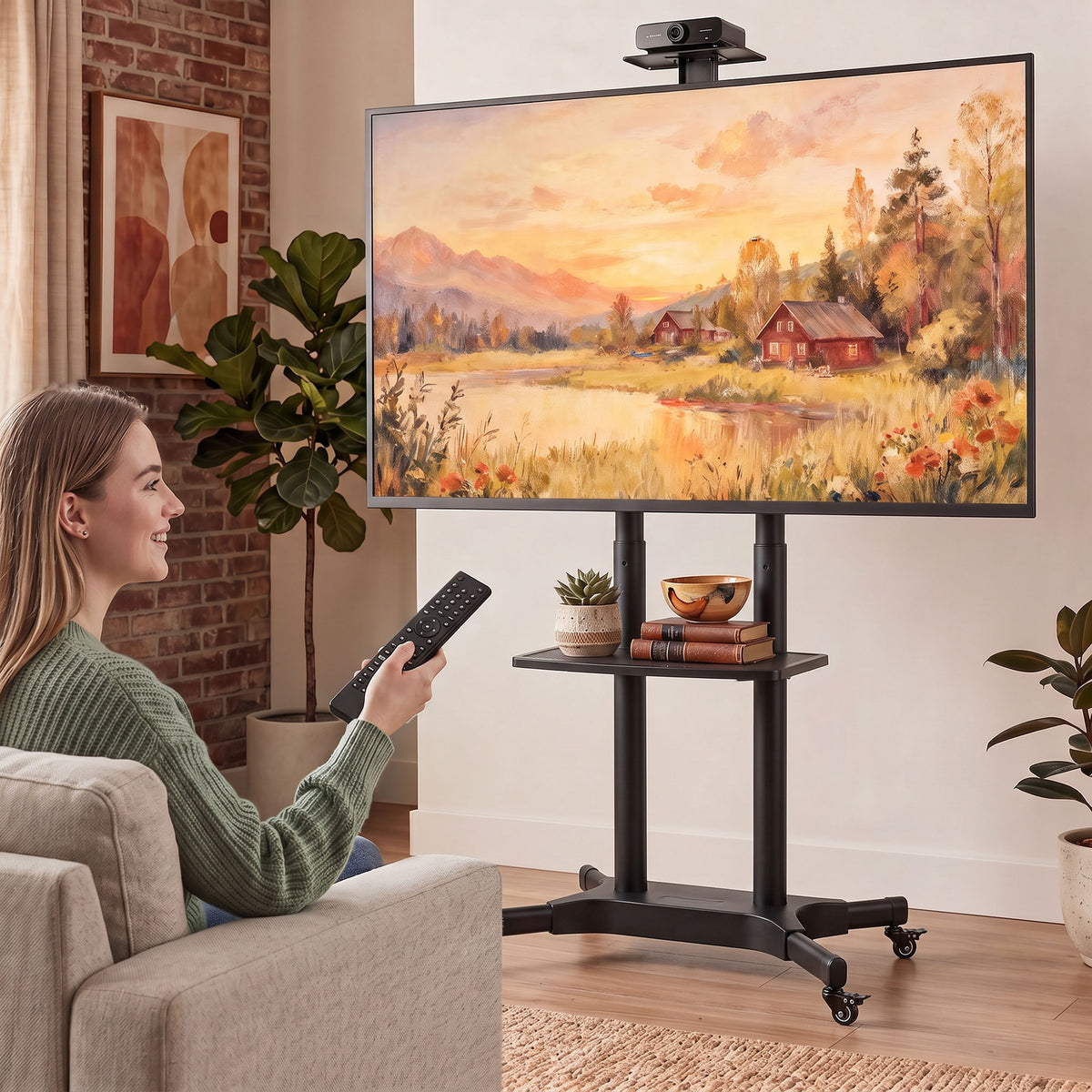 Verrijdbare tv-standaard voor 32-75 inch tv's, in hoogte verstelbare tv-standaard met 2 planken, metaal, max. (2)
