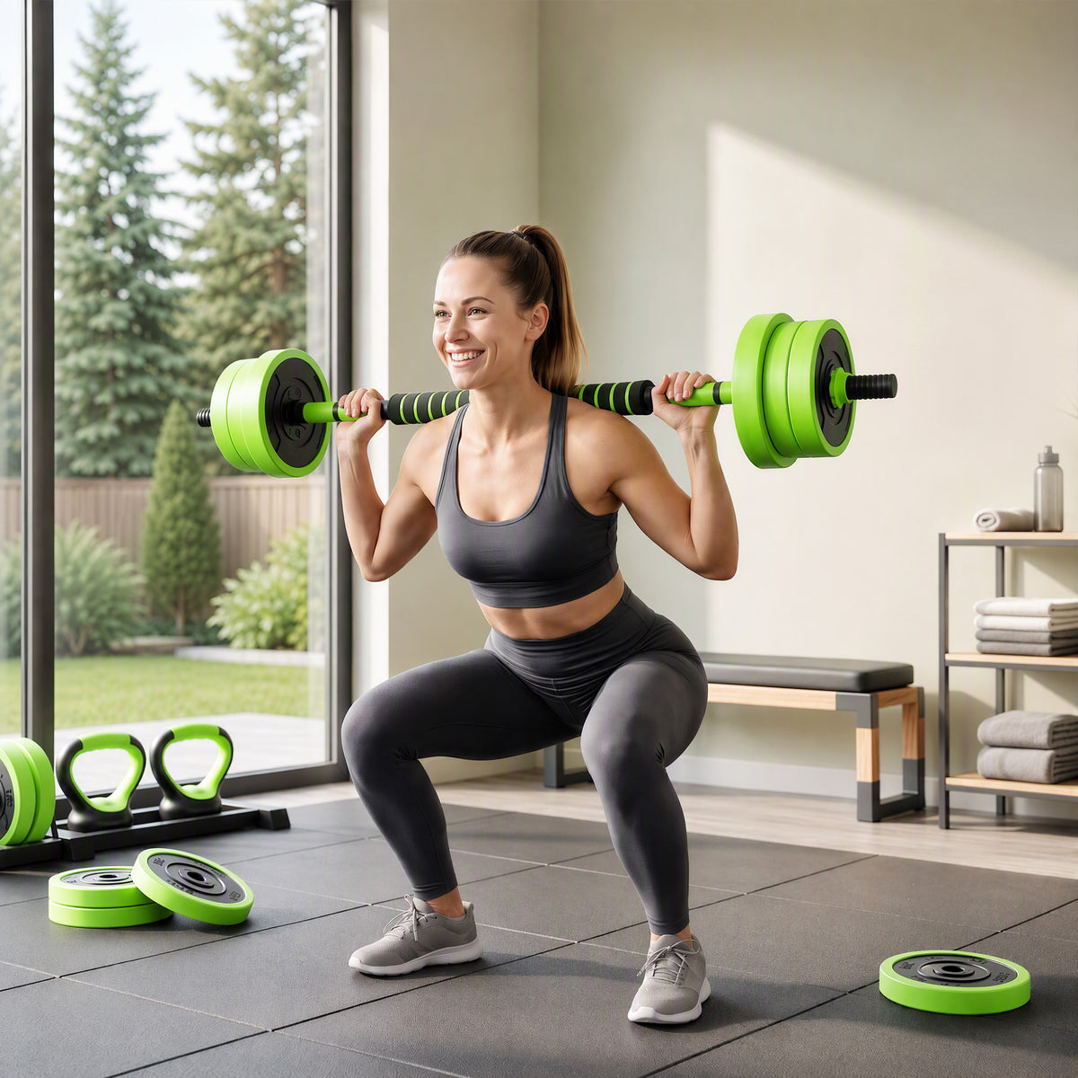 4-in-1 halterset 20 kg verstelbare halter & barbell kettlebell opdruksteunen groen (2)