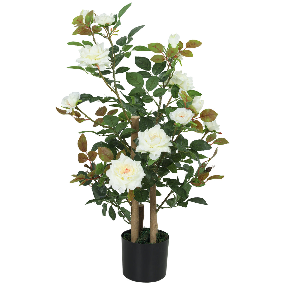 Grote kunst-rozenplant 90 cm kunstplant kunstboom rozenboom met UV-bescherming, mos, in pot, levensechte