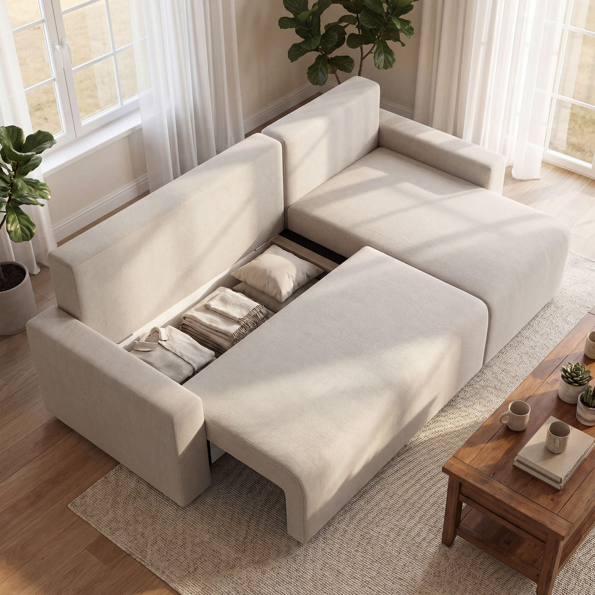Hoekbank met slaapfunctie en omkeerbare chaise longue, L-vormige 3-zitsbank met fluwelen bekleding, beige (2)