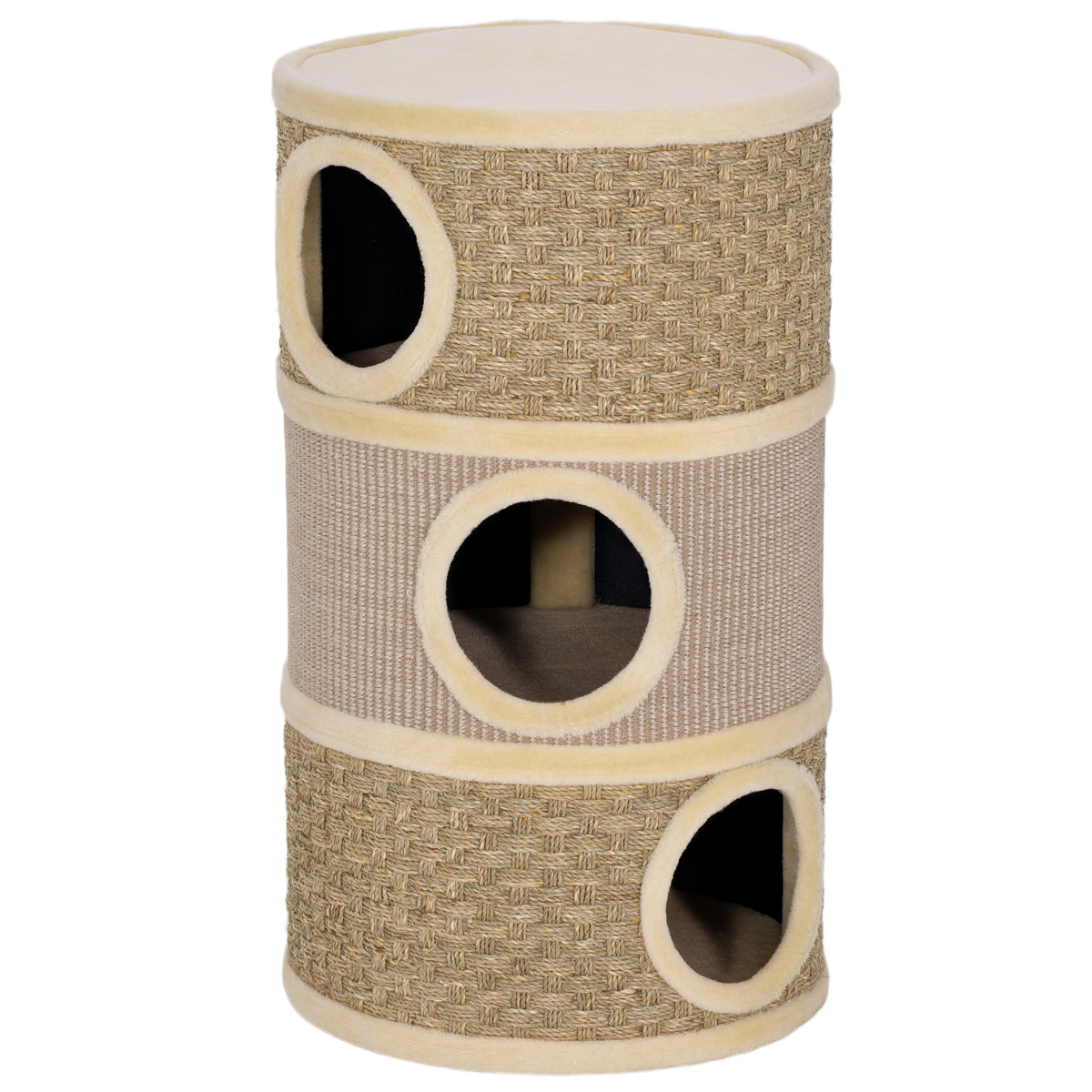 Krabton, 79 cm hoog, Ø45 cm, drielaagse kattenmand met sisaltouw, kattenhol, voor grote katten, kaki+bruin