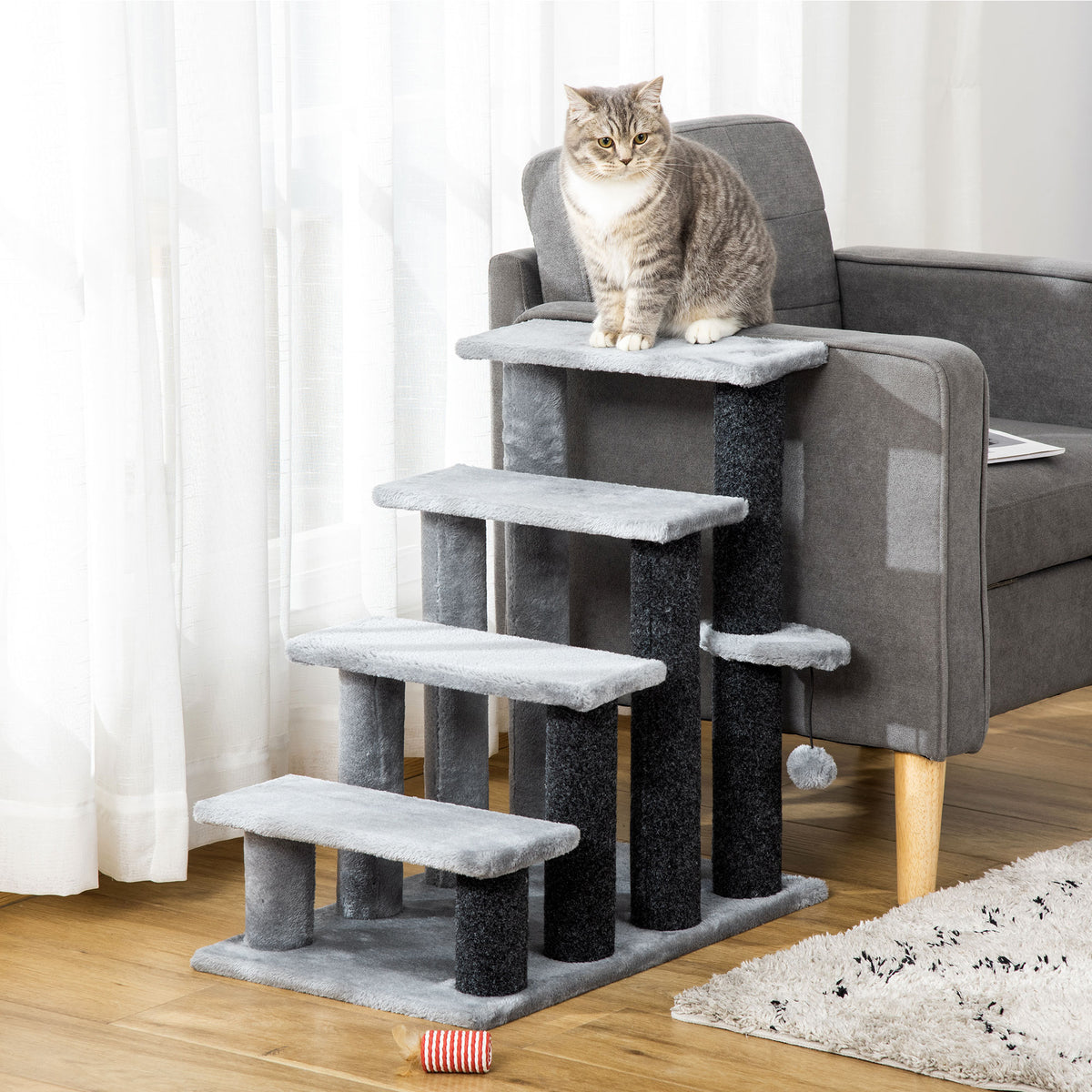 Kattentrap 4-tredes huisdierentrap met krabpalen bal hondentrap dierentrap voor katten tot 5 kg pluche jute (2)