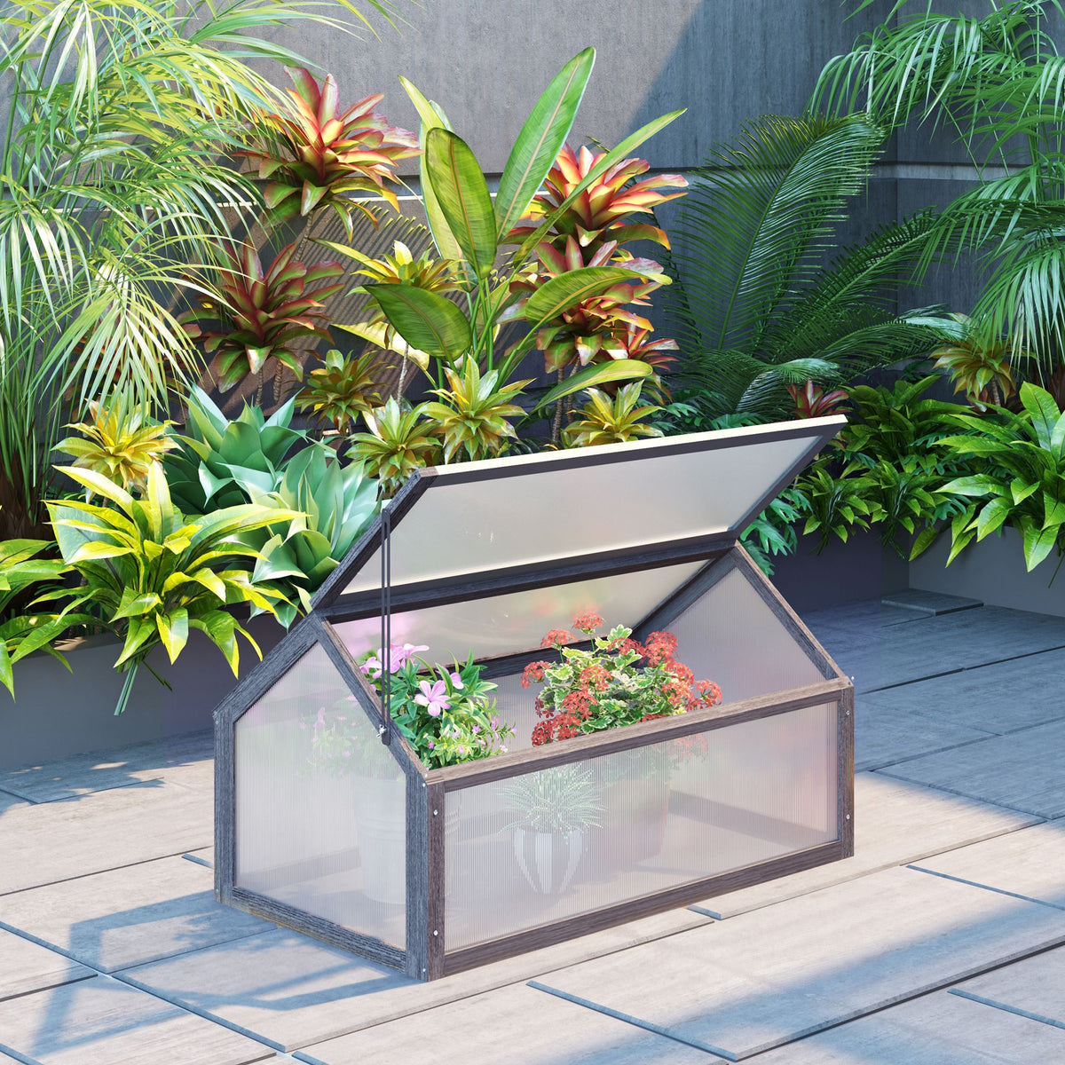 Mini-kas, compacte plantenkas van hout, polycarbonaat platen, ventilatieopening, 90L x 52B x 49,5H cm, grijs (2)