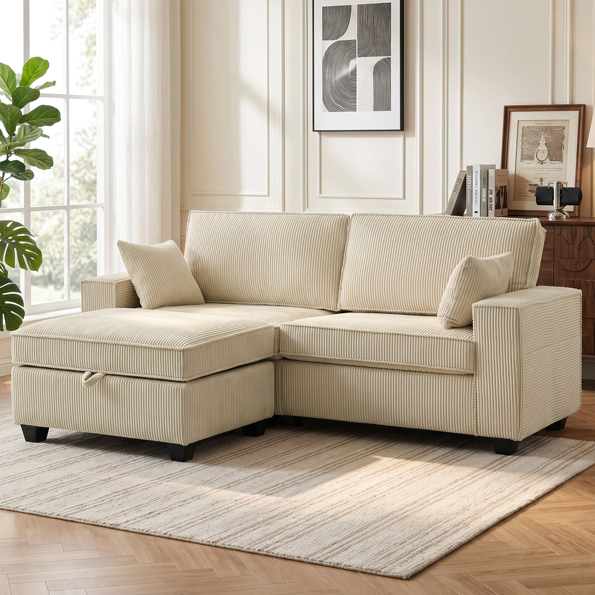 Hoekbank 216 cm 3-zits L-vorm bank met omkeerbare opbergpoef, ribfluweel-look, brede zitting, voor woonkamer (10)
