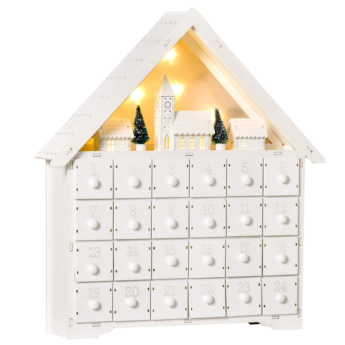 Adventskalender kerstdecoratie, 24 lades, ledverlichting, 39 cm x 9 cm x 42 cm, wit + groen