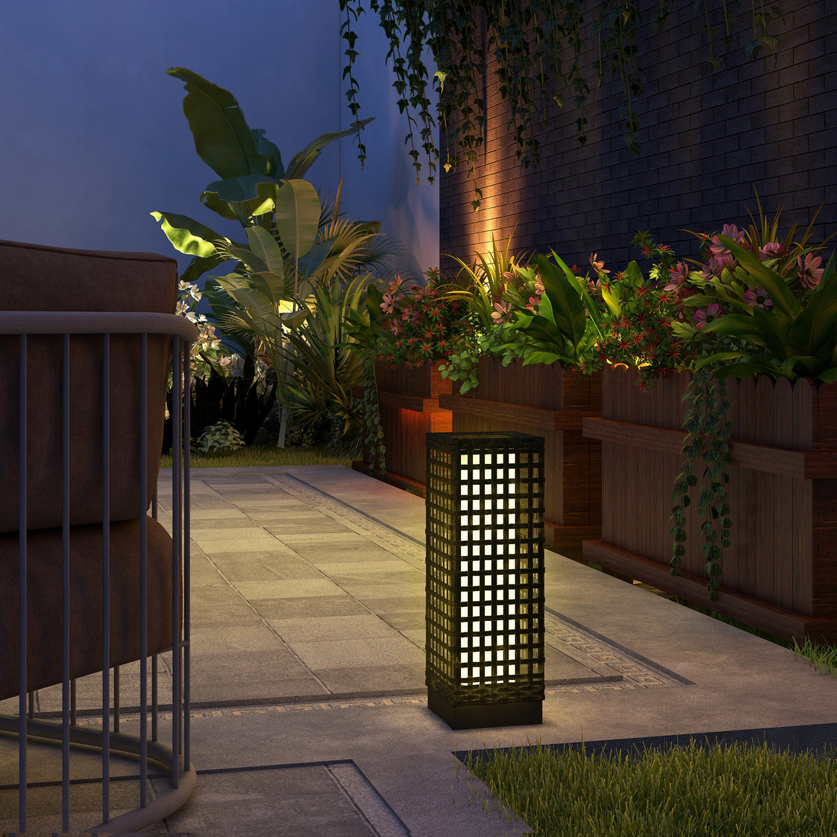 Buitenlamp met zonnepaneel, automatische inschakeling, 8 uur brandtijd, rotanlook, staal, 15,5 x 15,5 x 46 cm (2)