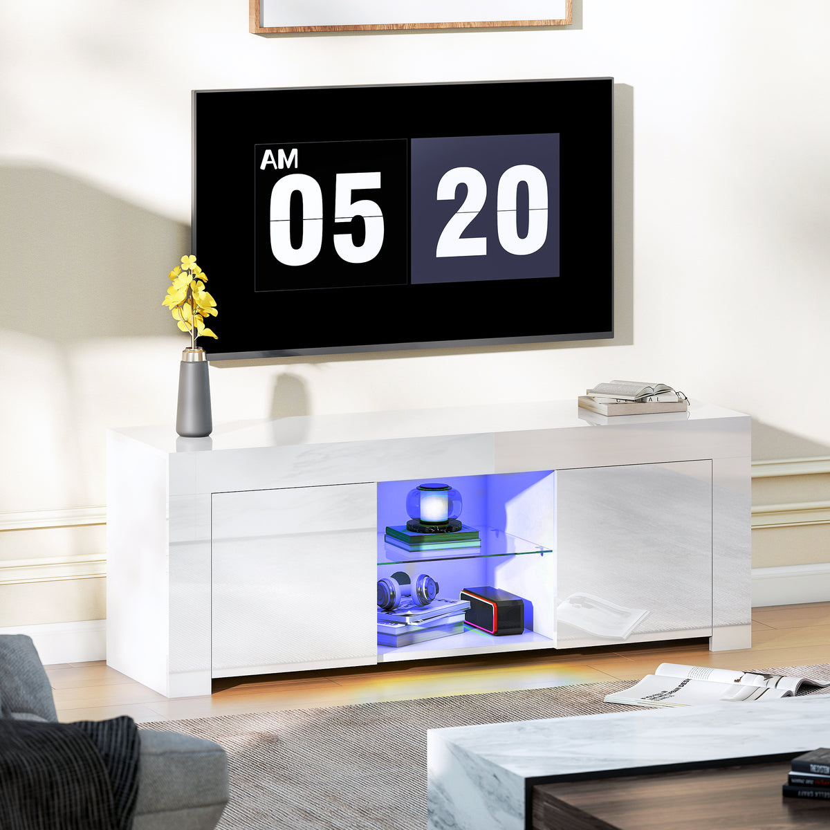 Tv-meubel met ledverlichting, 2 kastdeuren, glazen plank, kabelopeningen, voor woonkamer, spaanplaat, wit (2)