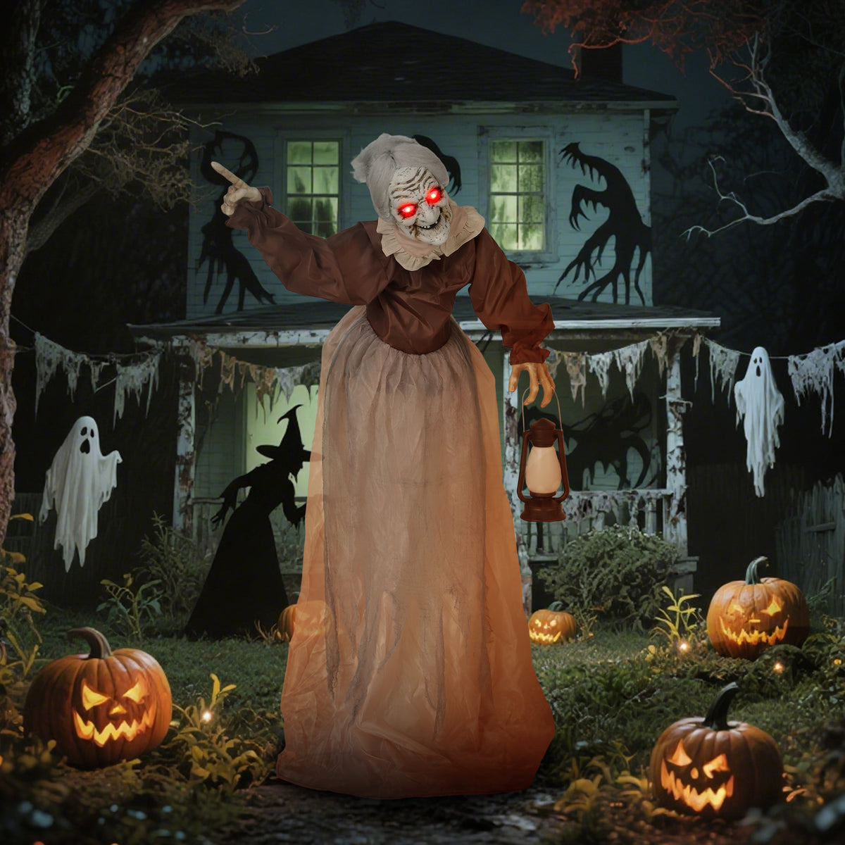 150 cm Halloween-decoratie Halloween-heks met ledverlichting, geluidsfunctie, verstelbare armen en hoofd (2)