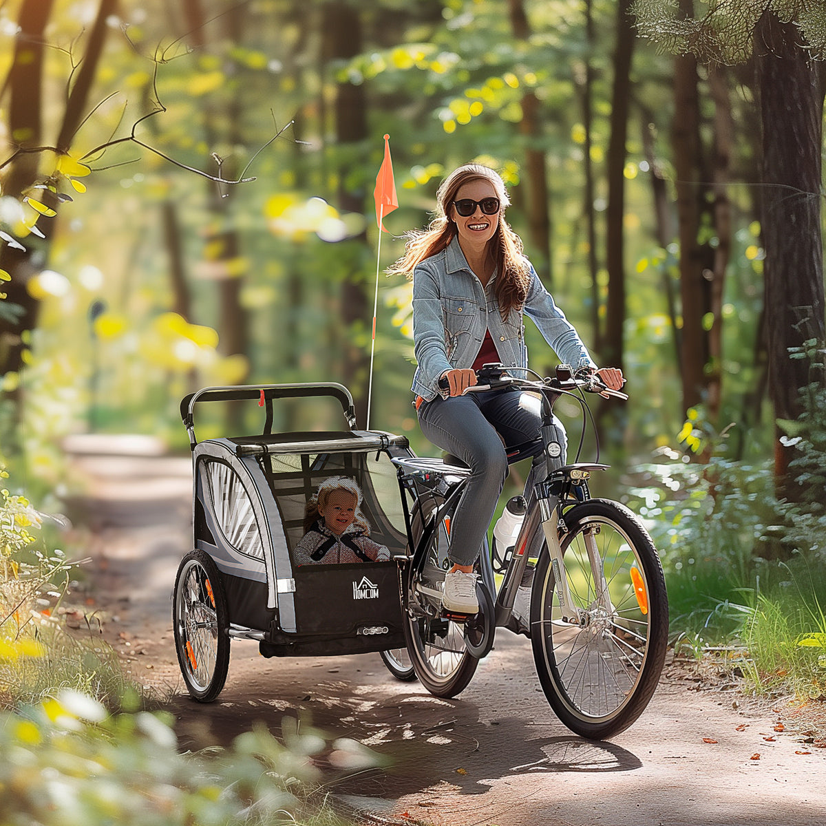 Fietskar voor kinderen, wandelwagen, met remmen, opvouwbaar, voor 2 kinderen, grijs/zwart (2)