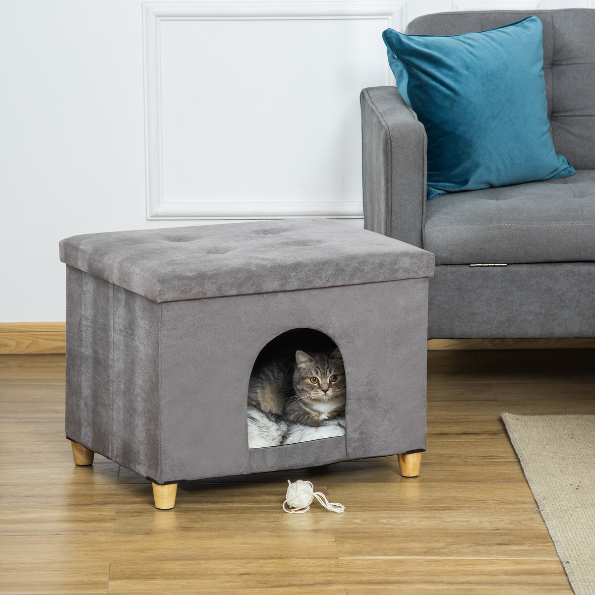 2-in-1 kattenhol voetenbank met kussen houten poten kattenhuis kattenmand zacht gevoerd ottomaan elegant ontwerp (2)