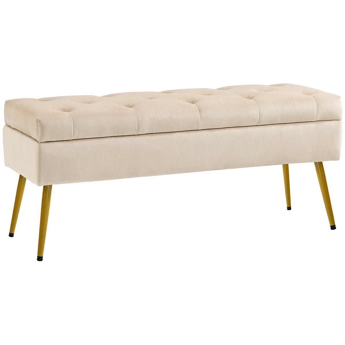 Opbergbank in fluweellook, gestoffeerde voetenbank met getuft design, metalen frame, 102 x 35 x 43 cm, beige