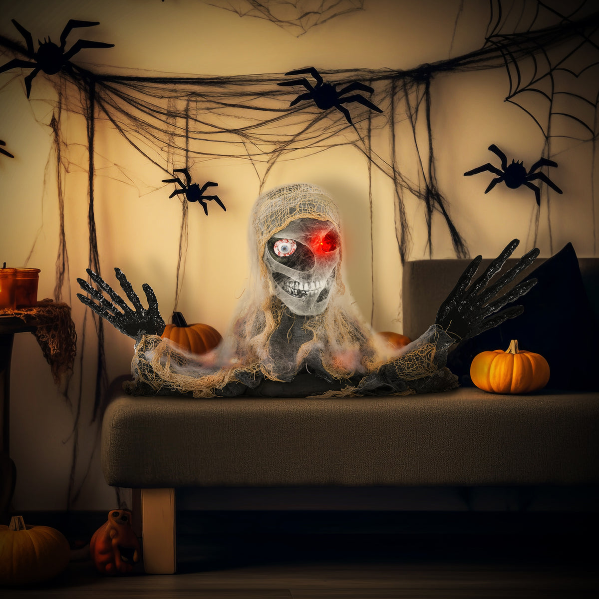 Halloweendecoratie, eenogige mummie, buigzame armen, lichtgevende ogen, griezelig gehuil, 55x18x35 cm (2)