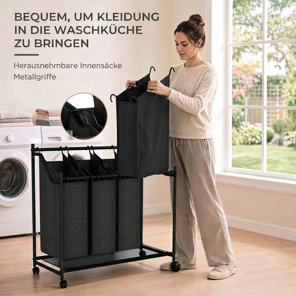 Wasverzamelmand met handvat, 108 L verrijdbare wasmand met 4 vakken en wieltjes, zwart (5)