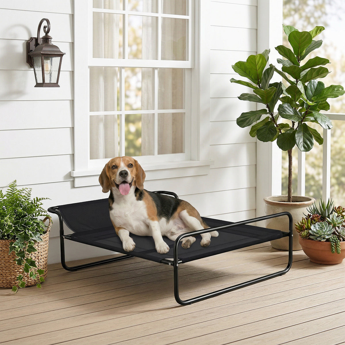 Hondenbed, verhoogd ontwerp, mesh-hoes, stalen frame, 29 x 91 x 69 cm, zwart (2)