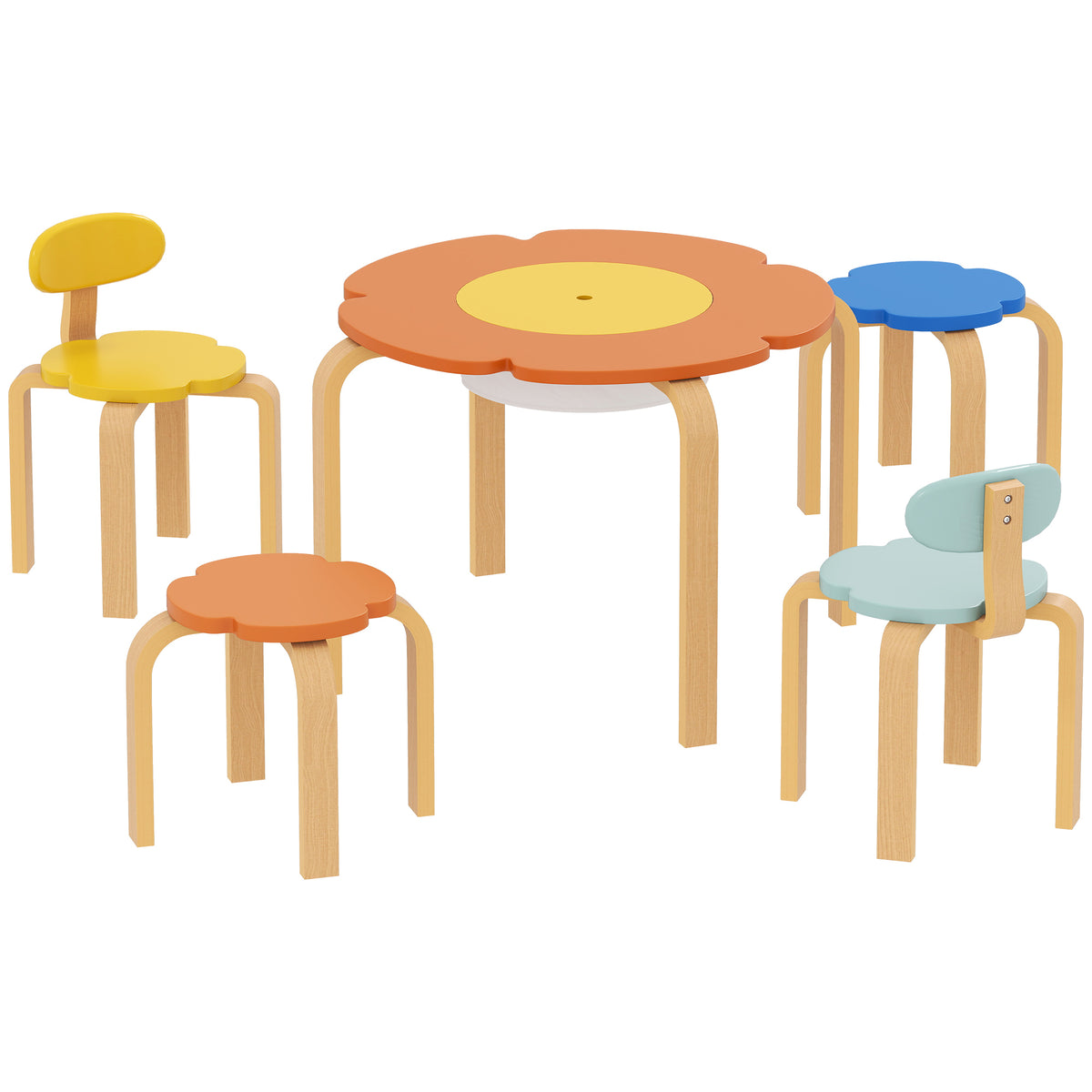 5-delige kindertafel- en stoelenset, met opbergtas, bloemvorm, voor speelkamer, kinderkamer, hout, kleurrijk