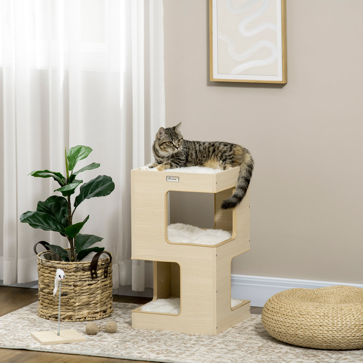 Kattenton, kattenhol, 2 niveaus, incl. speelgoed, 34 cm x 34 cm x 60 cm, natuur + lichtgrijs (2)
