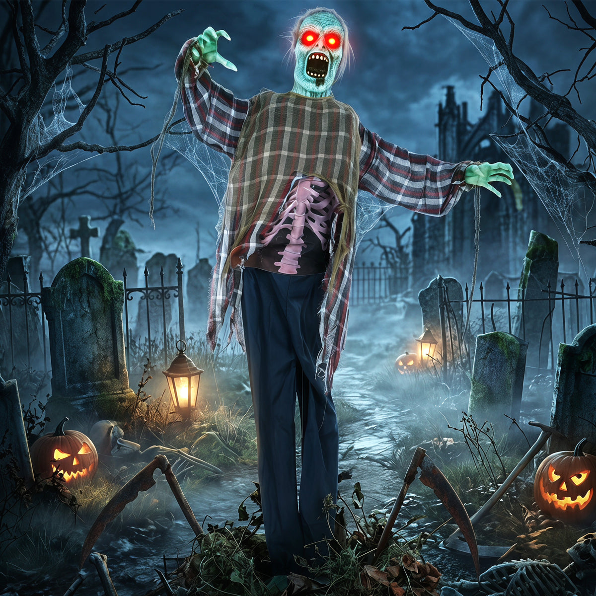 Geanimeerde levensgrote Halloween-zombie, 170 cm, met geluids- en aanraakactivatie, griezelige decoratie (2)