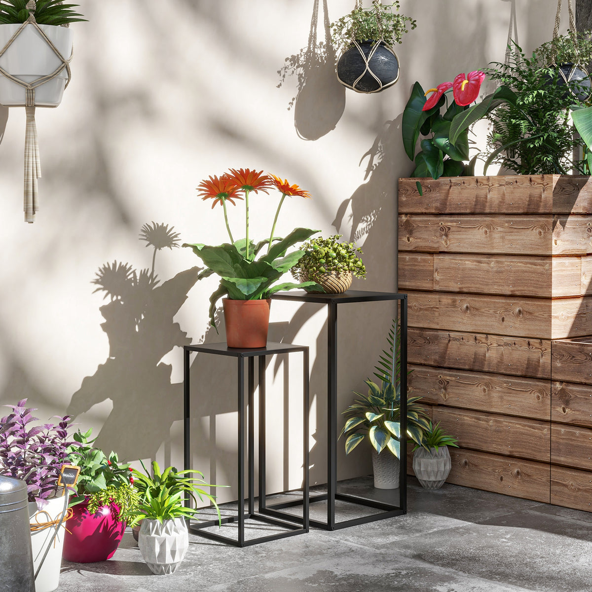 Bloemenstandaard, set van 2, Scandinavisch design, metalen frame, 58,5/65 cm hoogte, zwart (2)