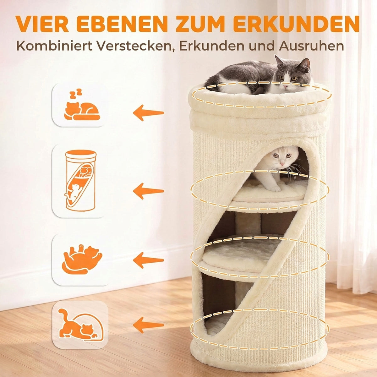 Krabton 75 cm hoog Ø 35 cm 4-traps kattenton met 3 holen, afneembaar wasbaar pluche bed sisal-kraboppervlak (4)