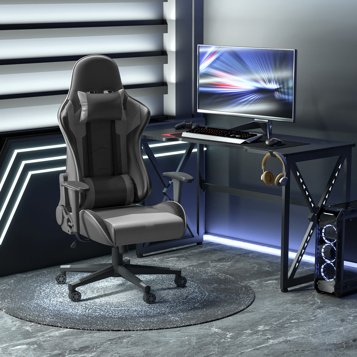 Ergonomische bureaustoel, gamingstoel, draaistoel, kunstleer, schuimstof, zwart, 67,5 x 74 x 126-136 cm (2)
