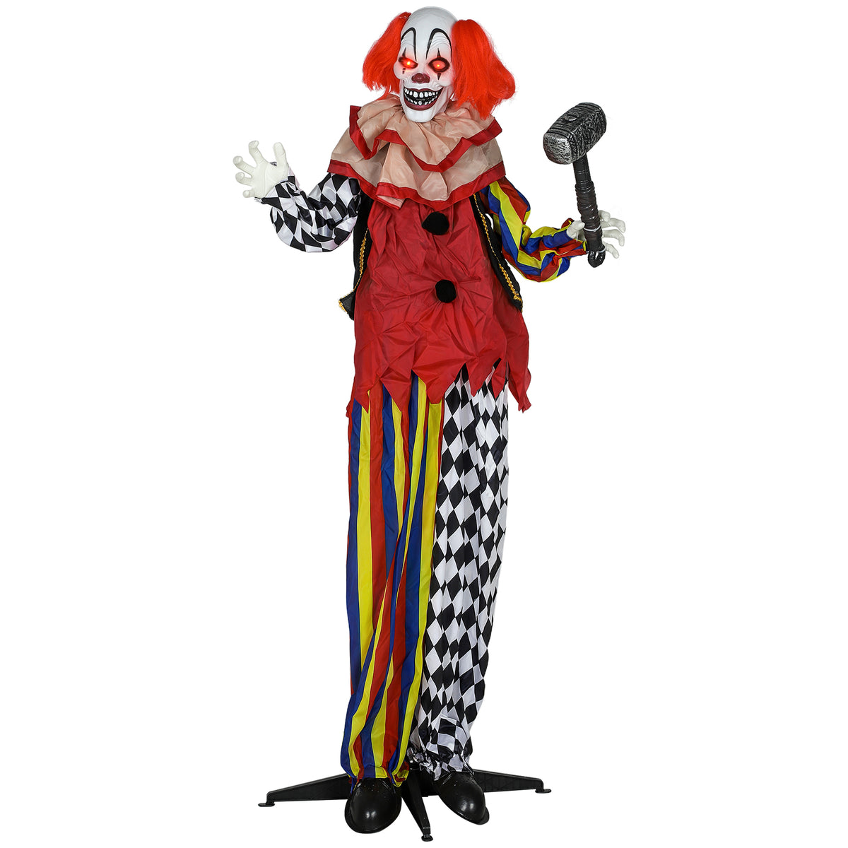 Griezelclown, Halloween-animatronic, 173 cm, lichtgevende ogen, geluidsactivering, beweegbare armen en hoofd