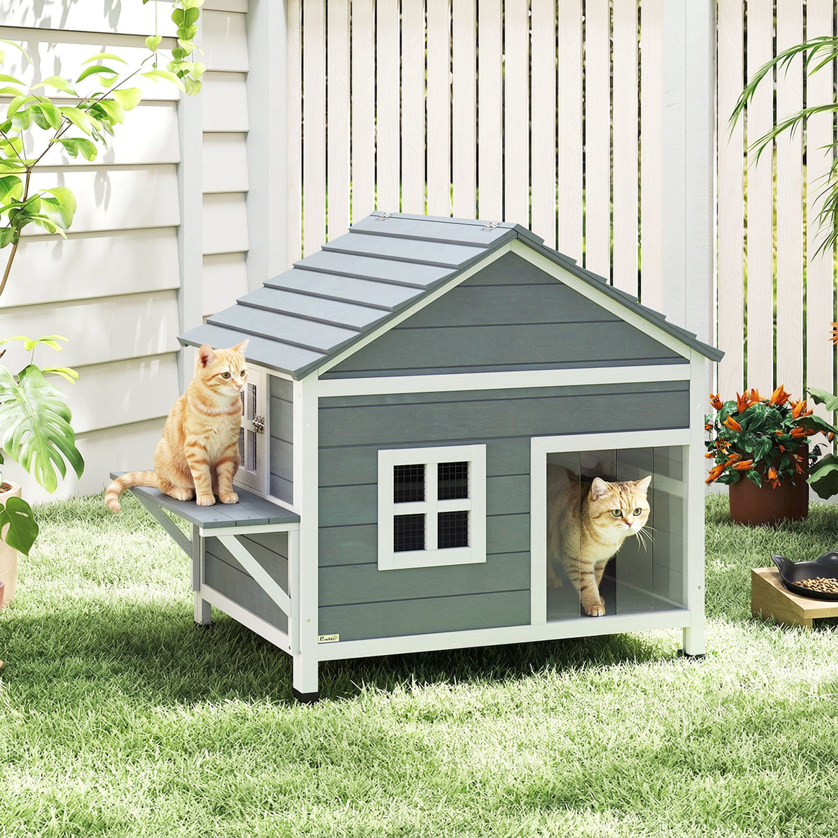 Houten kattenhuis 2 verdiepingen kattenhol met waterdicht opklapbaar dak, zijplatform, 101x72,5x81cm, grijs (2)