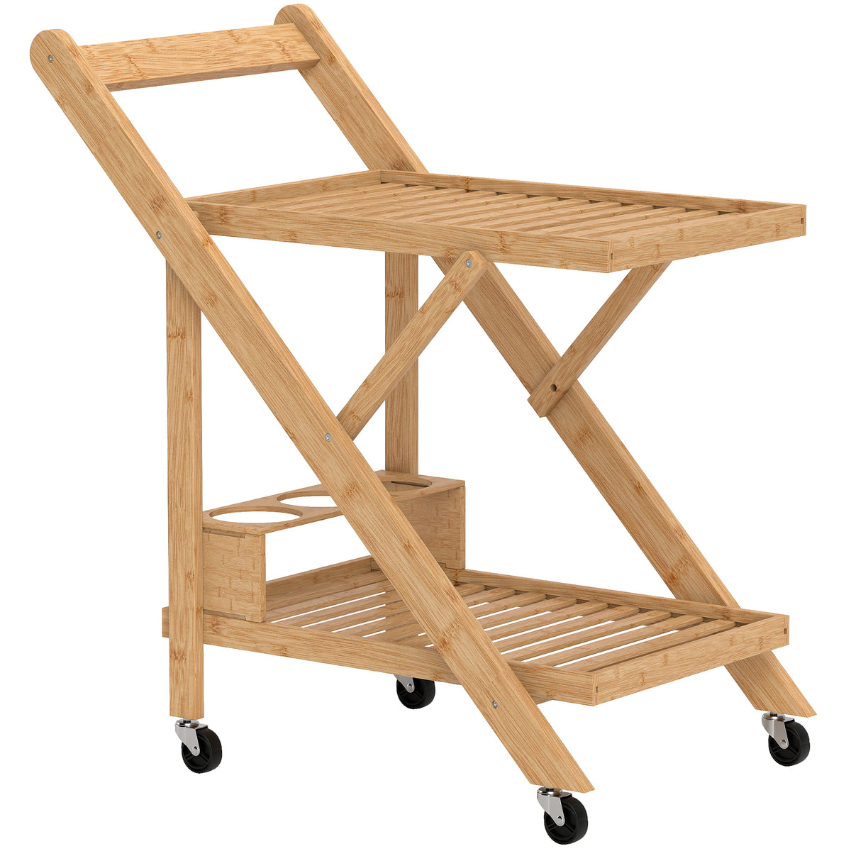 Keukenwagen op wielen, serveerwagen met 3 wijnrekken, 2 dienbladen, voor keuken, eetkamer, bamboehout