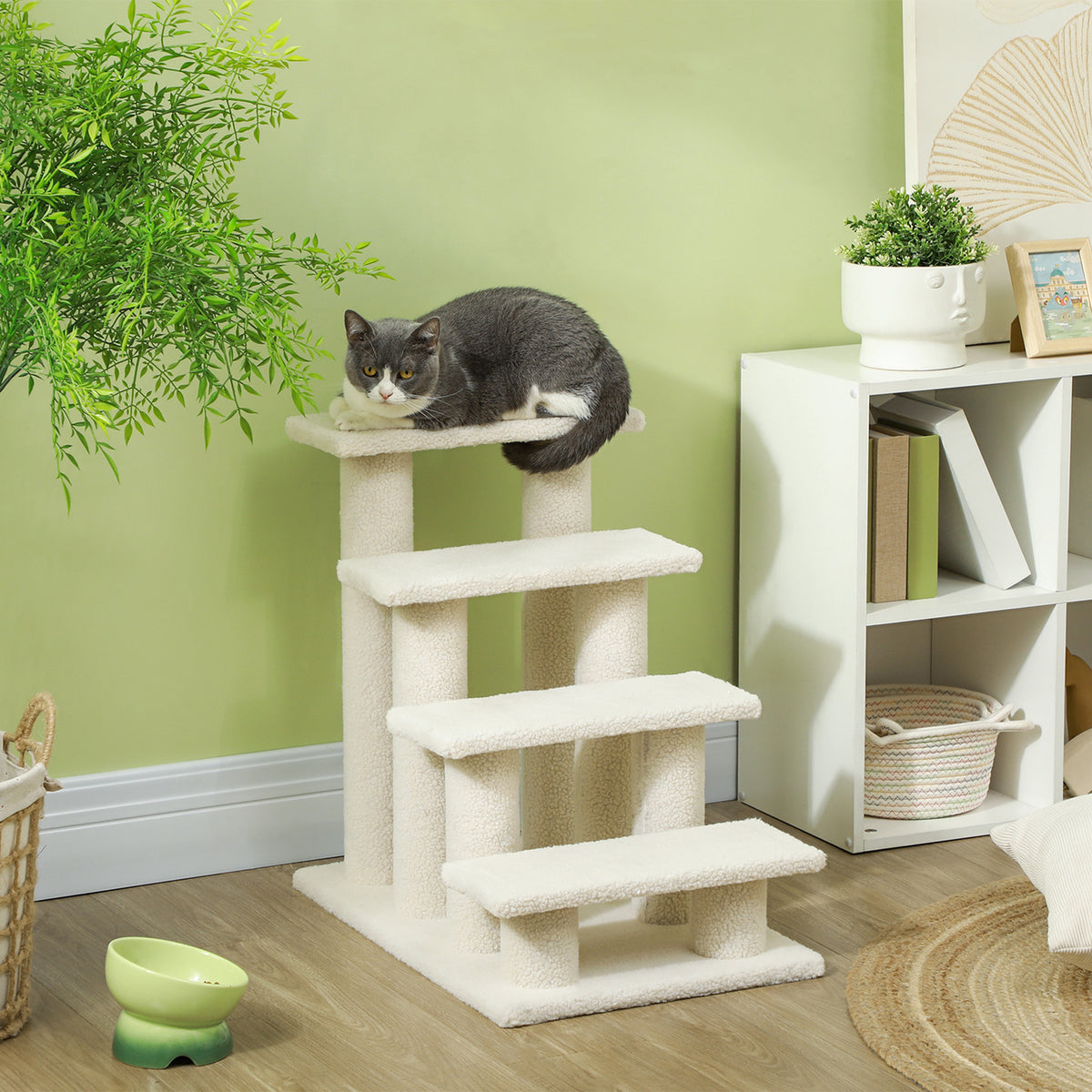Kattentrap 4 treden huisdiertrap trap voor kat huisdiertrap hondentrap van pluche 61 x 41 x 60 cm crèmewit (2)