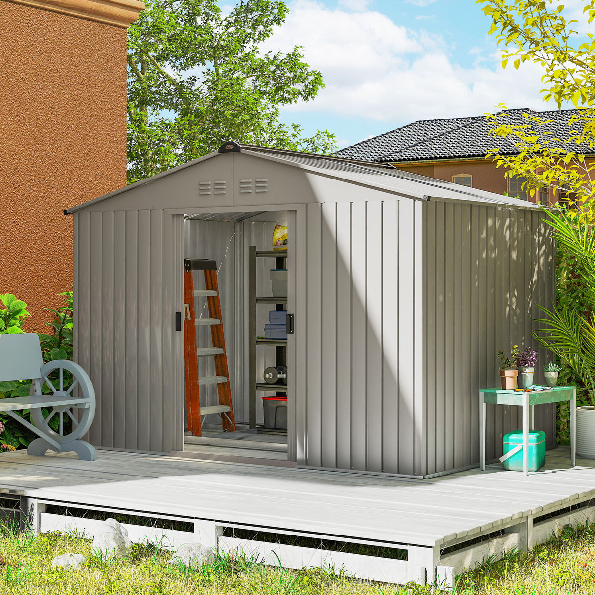 Metalen gereedschapsschuur met schuifdeuren en ventilatieramen, 277 x 195 x 192 cm, grijs (2)