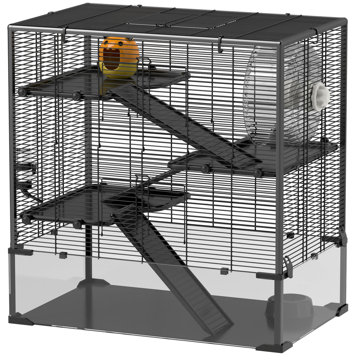 Hamsterkooi met glazen bodem, 4-laags hamsterverblijf met huisje en accessoires, 78,5L x 48,5B x 80H cm, zwart