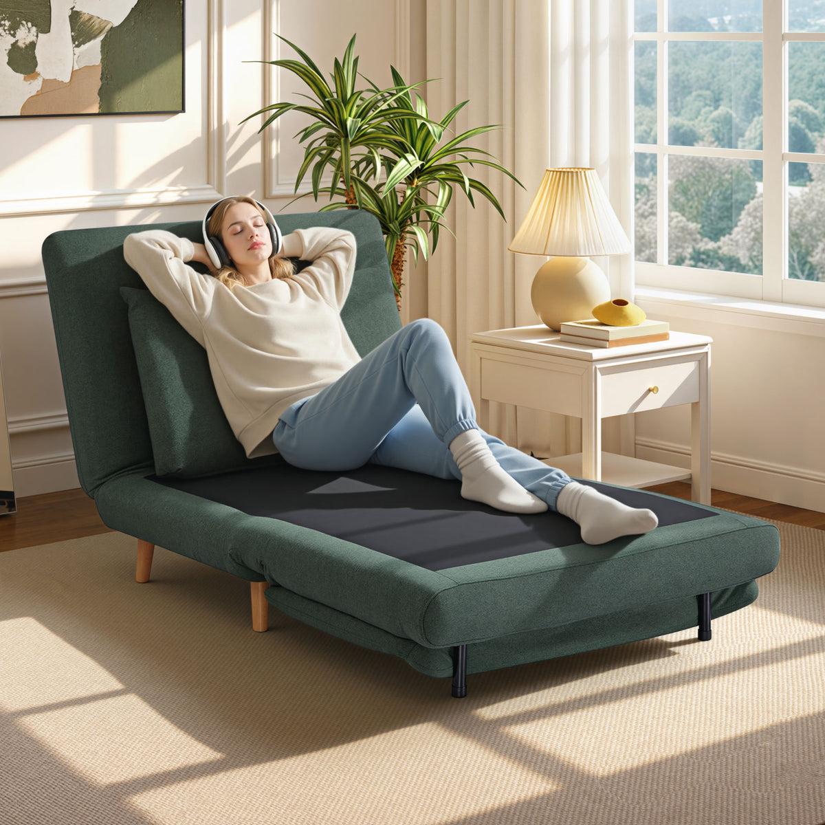 3-in-1 slaapfauteuil met bedfunctie, ligstoel, verstelbare rugleuning, poten van beukenhout, kussen, donkergroen (2)