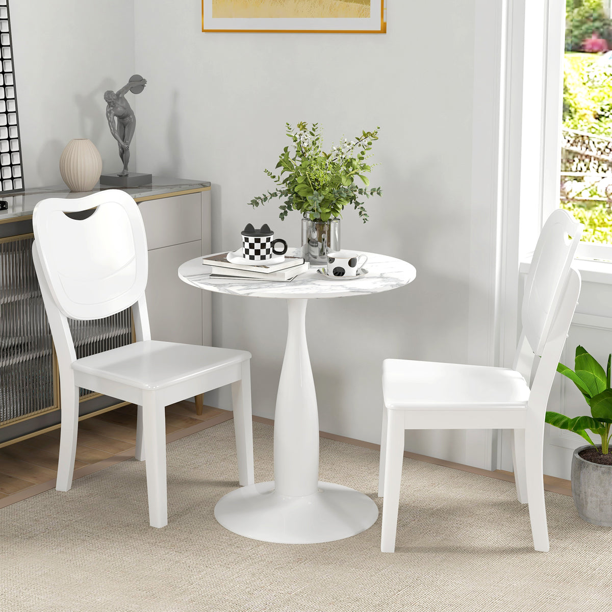 Ronde eettafel, gepoedercoat staal, MDF met melamine, antislipvoetjes, 70 x 74 cm, wit (2)