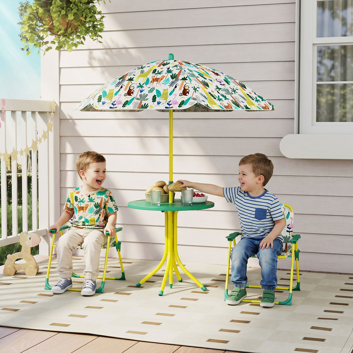 Kindertuinmeubelset, 4-delige kindertuinset met afneembare parasol, kindertafel met 2 klapstoelen, groen (2)