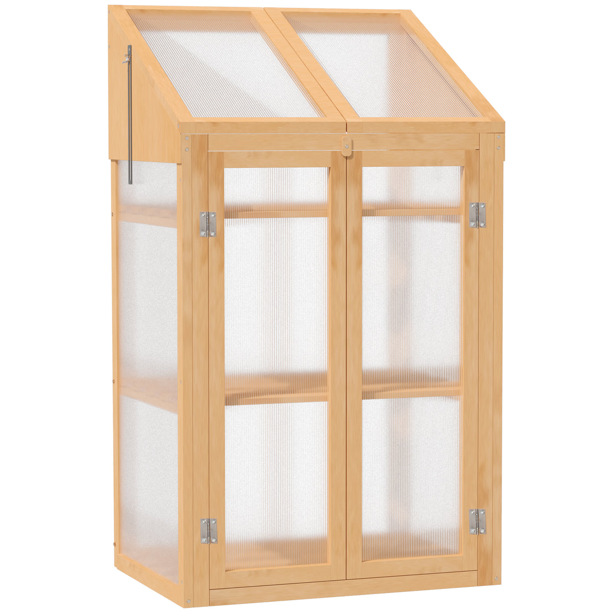 Mini-kas, kleine broeikas met houten frame, ramen en dubbele deur, 3 planken, 70L x 50B x 120H cm, bruin