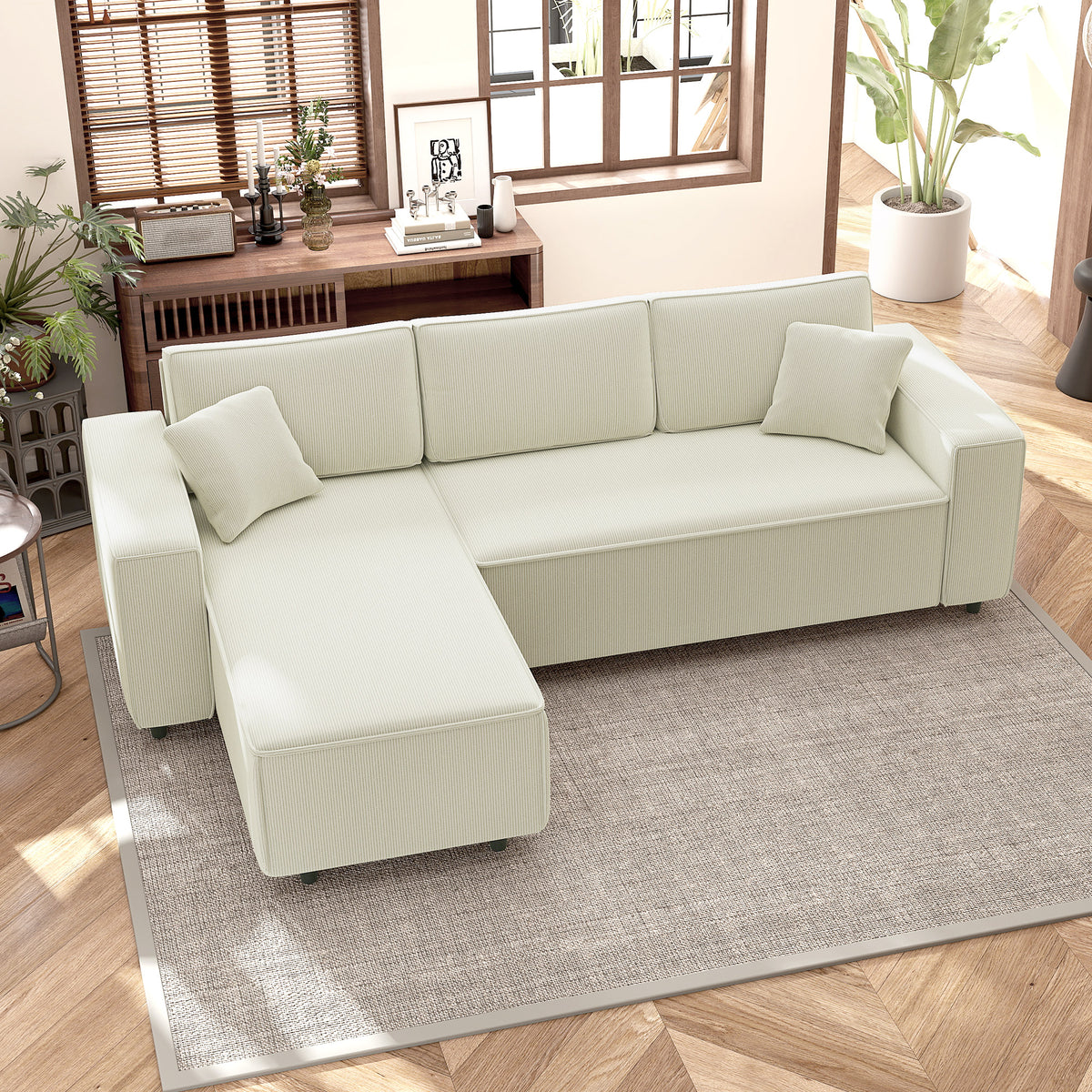 3-zitsbank met chaise longue, woonkamerbank met ribstof, 2 extra kussens, gestoffeerde bank, crèmewit (8)