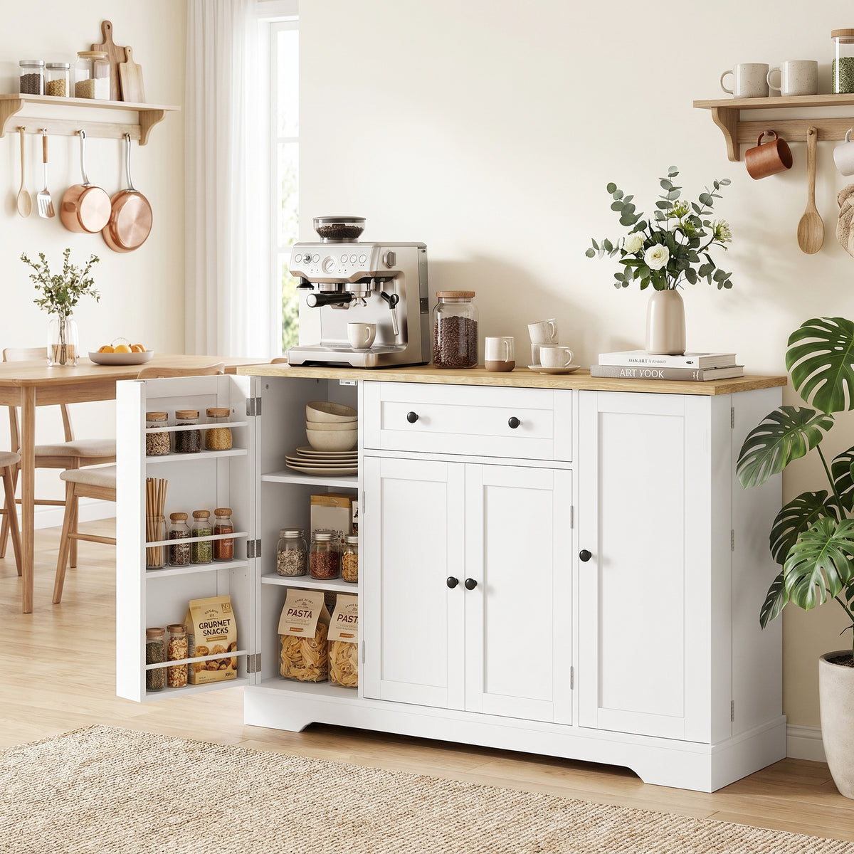 Dressoir keukenkast met 4 deuren, lade, verstelbare plank, deurvakken voor keuken, eetkamer, 138x40x85cm, wit (2)