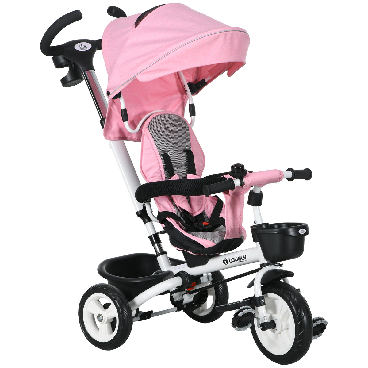 6-in-1 kinder-driewieler met duwstang, zonnekap, veiligheidsgordel, opbergmand, 18+ maanden, roze