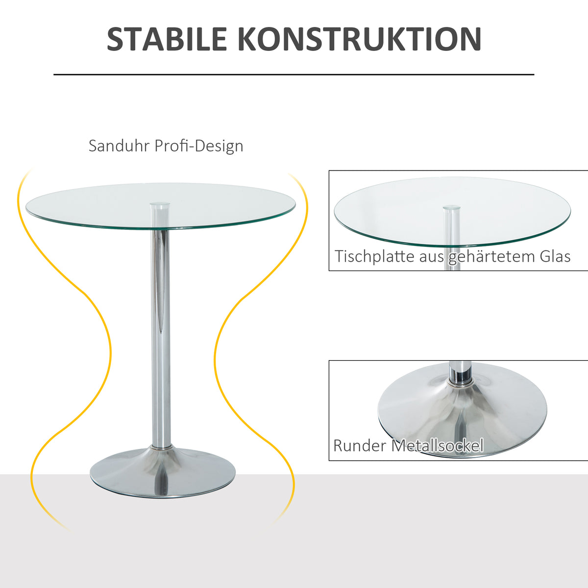 Ronde eettafel met glazen blad, metalen onderstel, zilverkleurig (4)