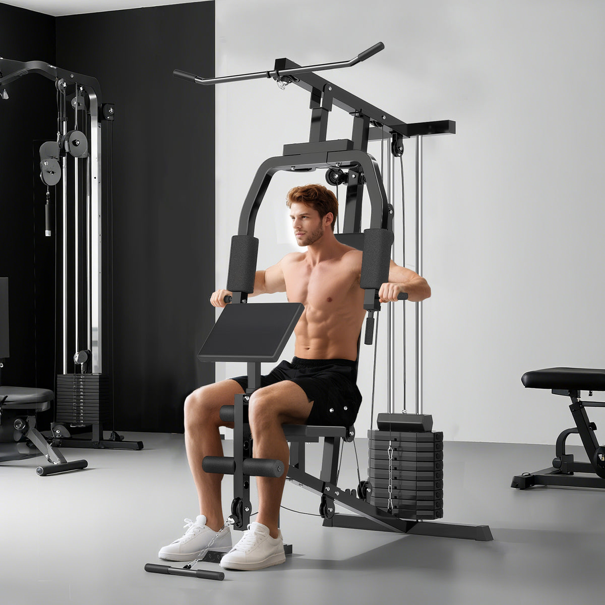 Krachtstation voor thuis fitnessstation met lat-pulldown, kabeltrek, korte bicepsstang, borstpers, beentrainer (2)