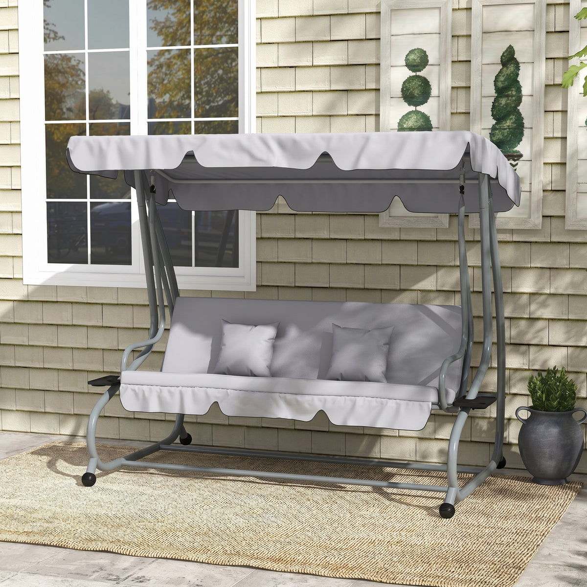 2-in-1 Hollywoodschommel met ligfunctie, verstelbaar dak, tot 340 kg, staal, 200x120x164 cm, grijs (2)