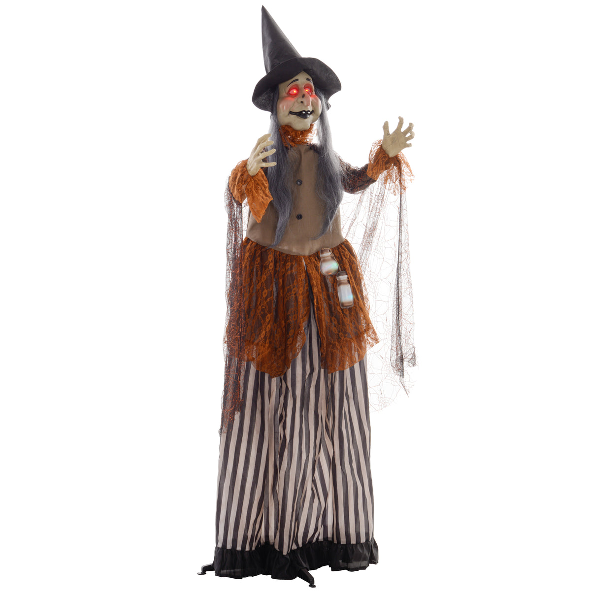 Heks met toverdrank, Halloween-decoratie, griezelige geluiden, rode ogen, beweegbaar, 183 cm