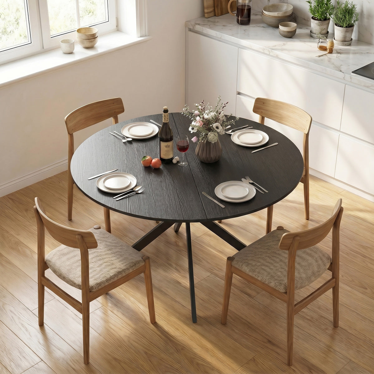 Ronde eettafel voor 4 personen, keukentafel in industriële stijl met stalen poten, voor eetkamer, keuken, zwart (2)