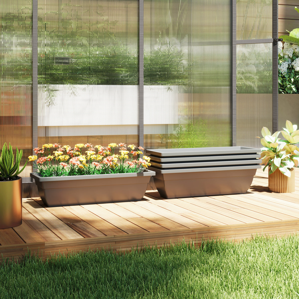 5-delige set bloempotten, plantenbakken van kunststof voor terras, tuin, balkon, 59 x 21 x 16 cm, grijs (2)